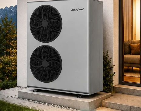 Pompa di calore monoblocco davanti alla facciata della casa